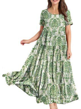 Women's Green Off White Crew Neck Classic Short Sleeve Pull On Floral Maxi Dress